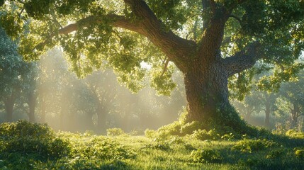 Fototapeta premium Majestic Oak Tree in a Sunlit Forest
