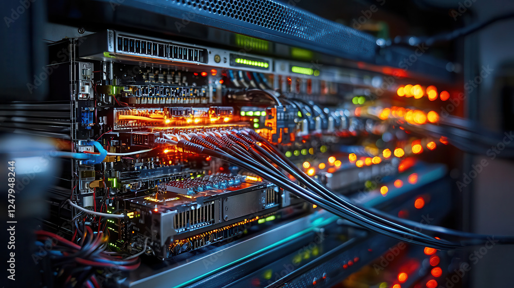 Poster advanced network infrastructure with illuminated servers and cables