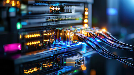 Naklejka premium Advanced network infrastructure with illuminated cables and connections