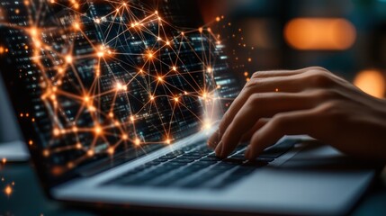 Digital Network Connection and Data Analysis on Laptop Keyboard