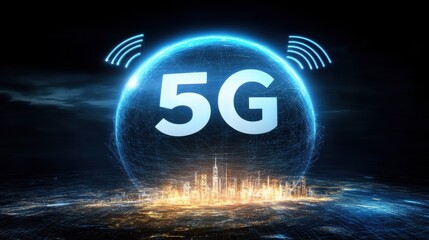 Futuristic 5G Technology Concept with City Background and Signal Waves