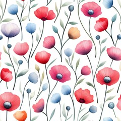 Colorful Floral Poppy Pattern On White Background