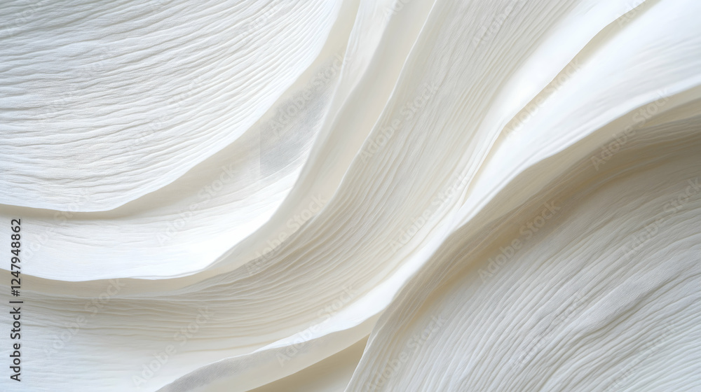 Poster a close-up view of smooth, white paper layers creating a soft, wavy texture, suggesting elegance and