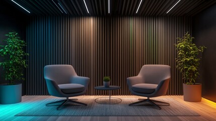 Two Modern Lounge Chairs in Stylish Interior with Plants and Lighting