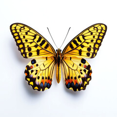 Close-up of a Vibrant Yellow Butterfly with Intricate Wing Patterns on a White Background