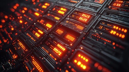 Obraz premium Glowing server racks, data center, digital technology, background lights