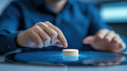 Finger activating a virtual pill on tablet screen, concept of health technology and online medicine.