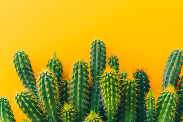 Cactus plant close up. Trendy yellow minimal background with cactus plant.