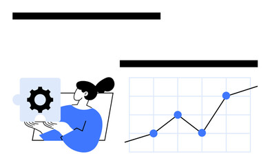Woman holding gear puzzle piece symbolizing solutions next to a rising line graph. Ideal for progress tracking, teamwork, data analysis, strategy, business success, solution-focused concepts