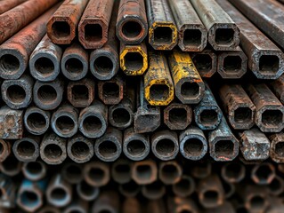 Close-up of stacked metal pipes in different colors and textures.