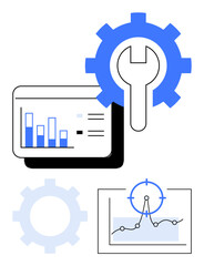 Bar chart, line graph, gear, and wrench represent analysis, performance tracking, and optimization. Ideal for business strategy, engineering, tech systems productivity tools data abstract line