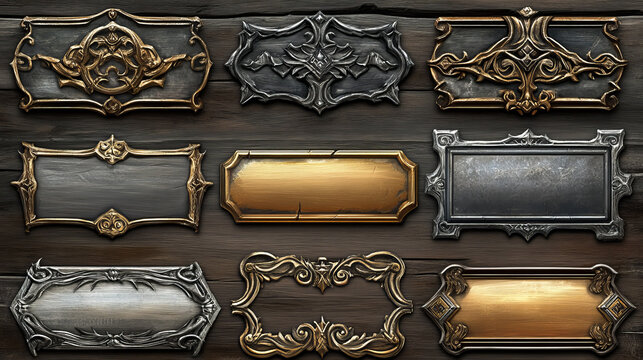 Game silver and gold buttons with fantasy frames in medieval style. Vector cartoon set of empty banners, game ranking bars with decorative borders isolated on background