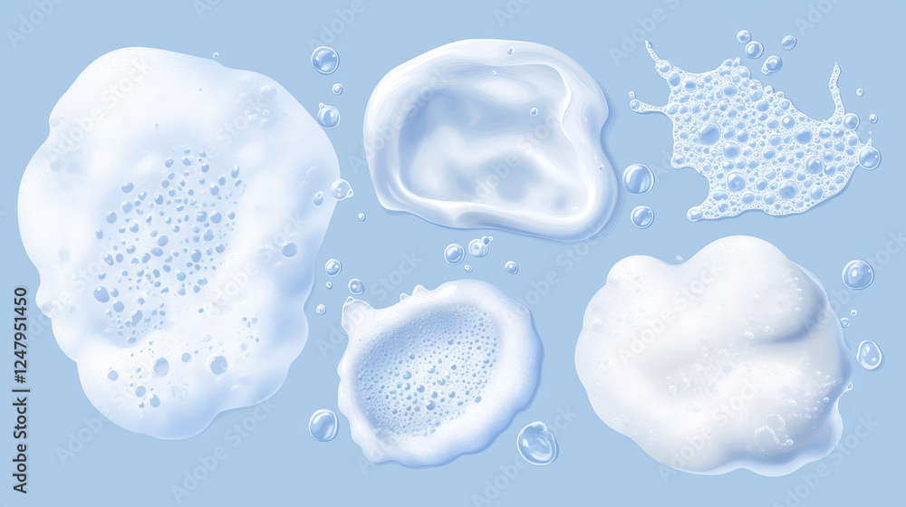 Poster sud soap foam bath realistic vector illustration set. white shampoo and detergent lather round and c