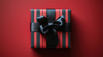 A striped gift box with a black ribbon sits elegantly on a bold, vertical red background. Perfect for festive occasions or Black Friday themes, it conveys a sense of style and sophistication.