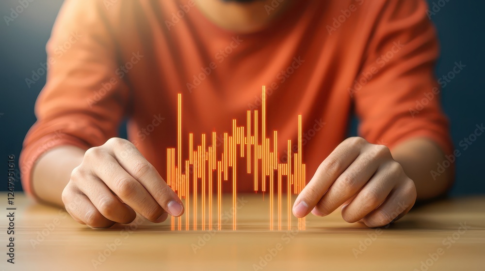 Poster interactive sound wave visualization, person holding and exploring audio waves