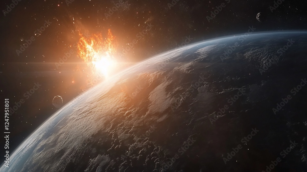 Poster celestial impact: a planet undergoing explosive asteroid collision in outer space