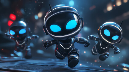 Fototapeta premium Cartoon vector illustration set of kid astronaut in space. Isolated little spaceman bot in black suit and helmet lie, run or go on background. Cute cosmic robot in various poses