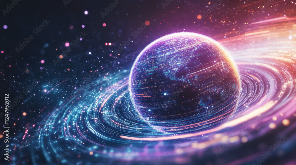 Poster purple planet ring with neon light digital technology background. space energy glow abstract vector 