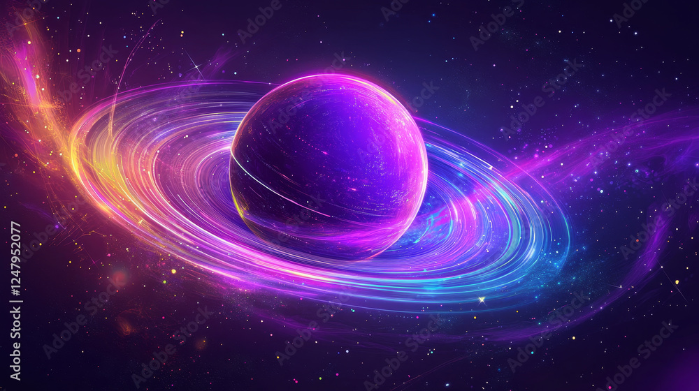 Poster purple planet ring with neon light digital technology background. space energy glow abstract vector 