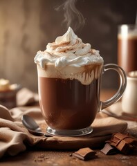 Warm mug of hot chocolate with a generous dollop of whipped cream on top, winter, hot chocolate, cozy