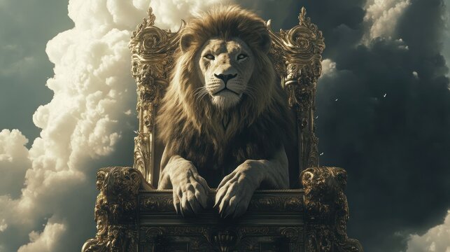 Majestic lion throne, cloudy sky, power, leadership, fantasy art