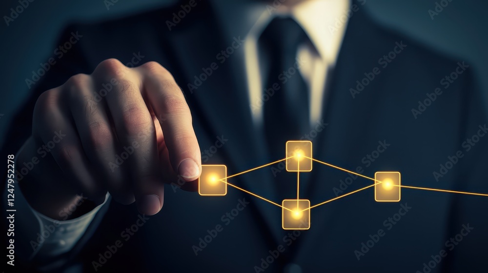 Poster man in suit illustrating data analysis by pointing to a network diagram, showcasing modern business 