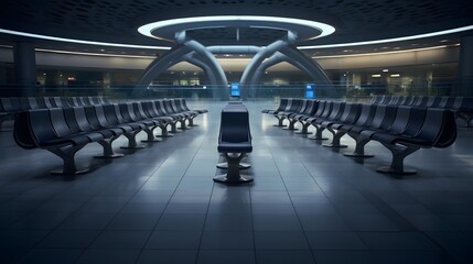 Serene and minimalist airport waiting area with socially distanced seats for passengers providing a calm and safe environment for travelers during the pandemic  The image depicts an empty