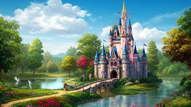 Whimsical Pink And Blue Castle In Lush Green Landscape With Fairies