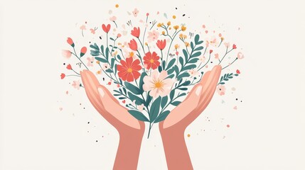 Colorful flowers held gently in hands, symbolizing care and nature's beauty.