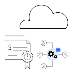 Cloud with network diagram, certificate with ribbon, and security lock icon representing cloud services, data protection, and user management. Ideal for technology, security, certification
