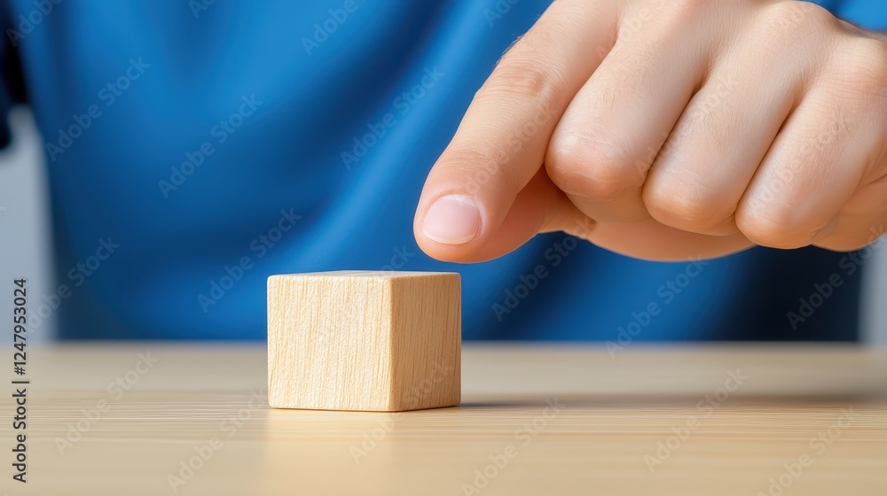 Aufkleber precise placement, person arranging wooden block on table in craft workshop