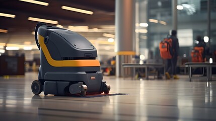 Automated disinfection robot cleaning and sanitizing the floors of an airport terminal to maintain a clean hygienic and safe environment for passengers and staff