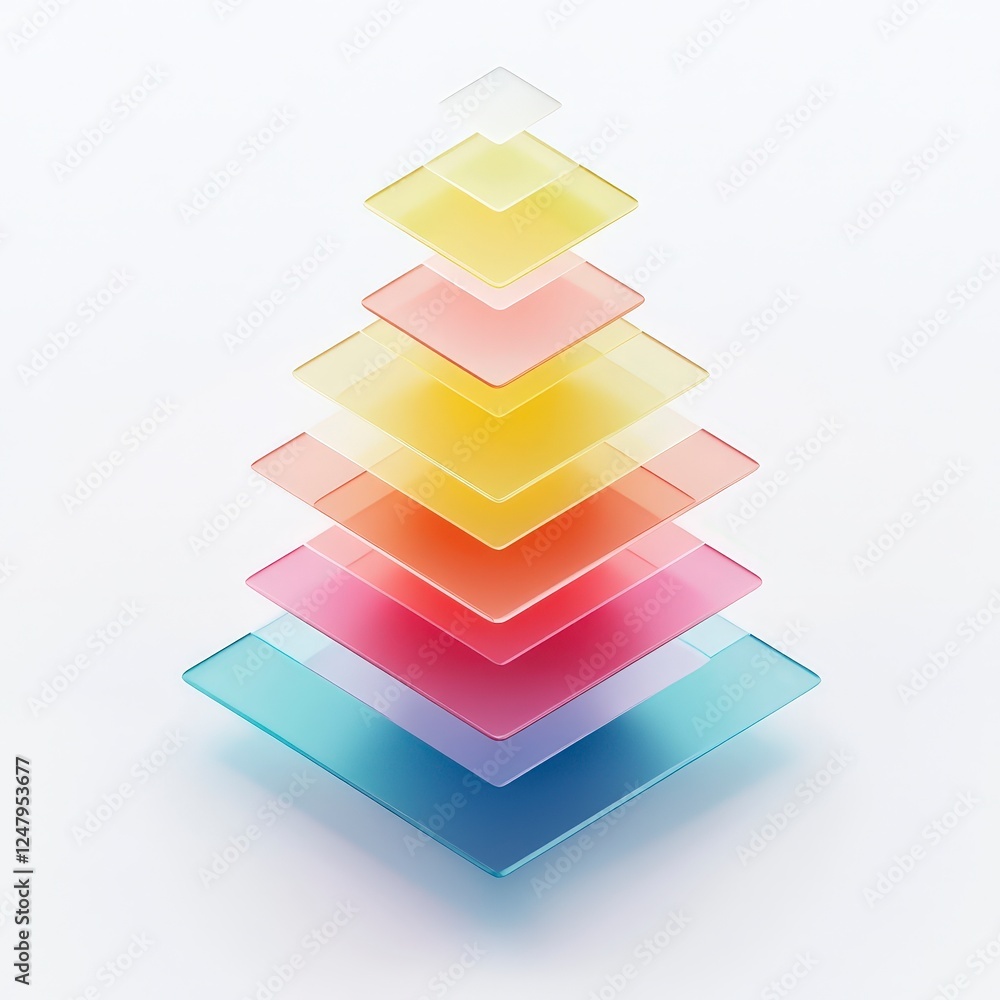 Poster colorful layered transparent shapes stack on light background
