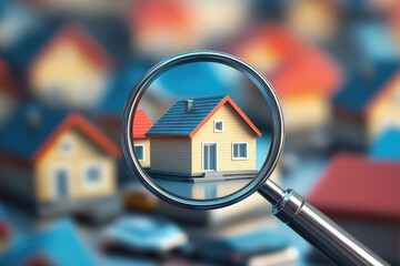 Searching for house lodging and property with magnifying glass. Hunt for new house or home: real estate loan, mortgage, investments and housing development concept