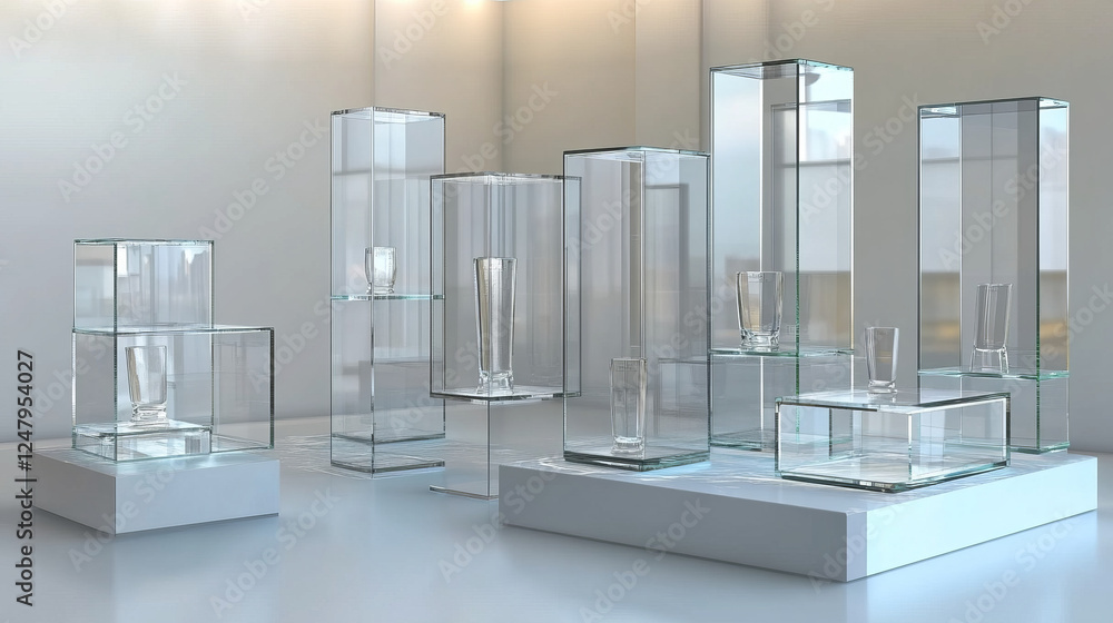 Poster transparent glass cube product podium in different angles of view. realistic 3d vector set of crysta