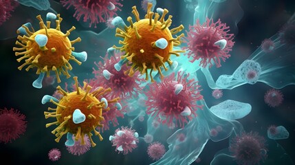 Detailed Digital of HMPV Virus Particles Infecting the Human Lung  Medical Microscopic Image Showing the Microscopic Structure and Anatomy of Respiratory Viruses
