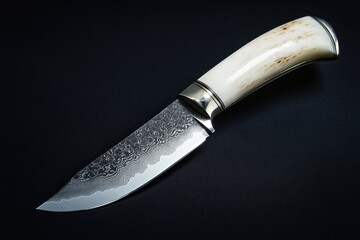 Elegant damascus steel knife with bone handle. Perfect for websites selling hunting, survival, or outdoor gear.