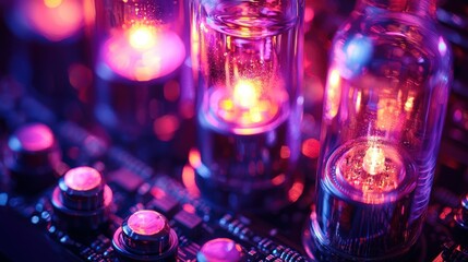 Glowing vacuum tubes on circuit board, close-up
