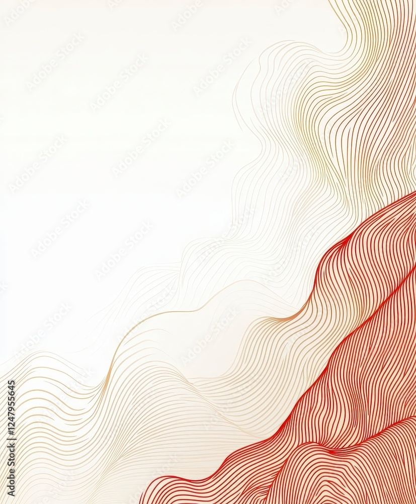Poster abstract line art with soft waves and gradients in red and beige tones