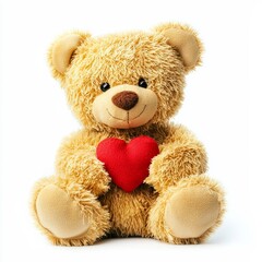 Obraz premium A plush teddy bear with soft golden fur, holding a tiny red heart, on isolated white background