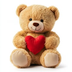Obraz premium A plush teddy bear with soft golden fur, holding a tiny red heart, on isolated white background