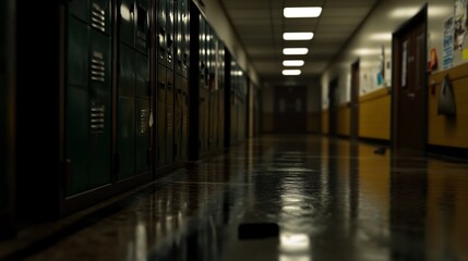 Obraz premium Mysterious School Hallway: A Dark and Reflective Corridor