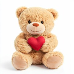 Obraz premium A plush teddy bear with soft golden fur, holding a tiny red heart, on isolated white background