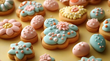 An Easter themed baking concept, a top view photo of a table set of playful, themed, shaped gingerbreads on a lively yellow surface, great for advertising.