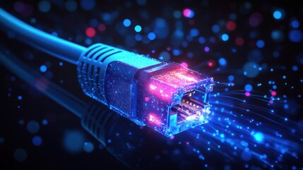 Glowing ethernet cable with data streams.
