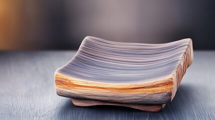 Elegant handcrafted wooden plate with unique grain patterns, resting on a textured surface, softly lit