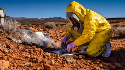 Scientist wearing a protective hazmat suit carefully collecting samples for HMPV virus research in a sterile laboratory environment