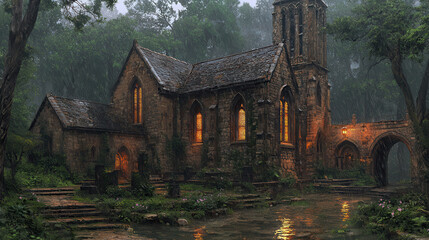 Obraz premium A picturesque stone chapel stands surrounded by lush greenery, bathed in soft evening light, creating an atmosphere of tranquility and nostalgia. Copy space for text 