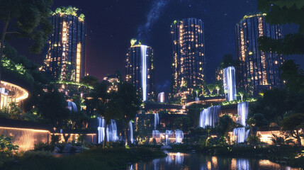 Fototapeta premium Futuristic smart night city, eco buildings with neon glowing. Future sustainable town cityscape, houses and offices with garden on rooftop and waterfall, dark trees and grass, pond vector illustration