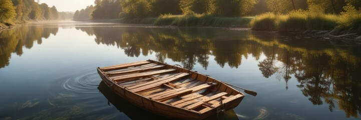 Obraz premium Wooden raft floating on the Isar River in Munich's calm morning light, serenity, gentle stream